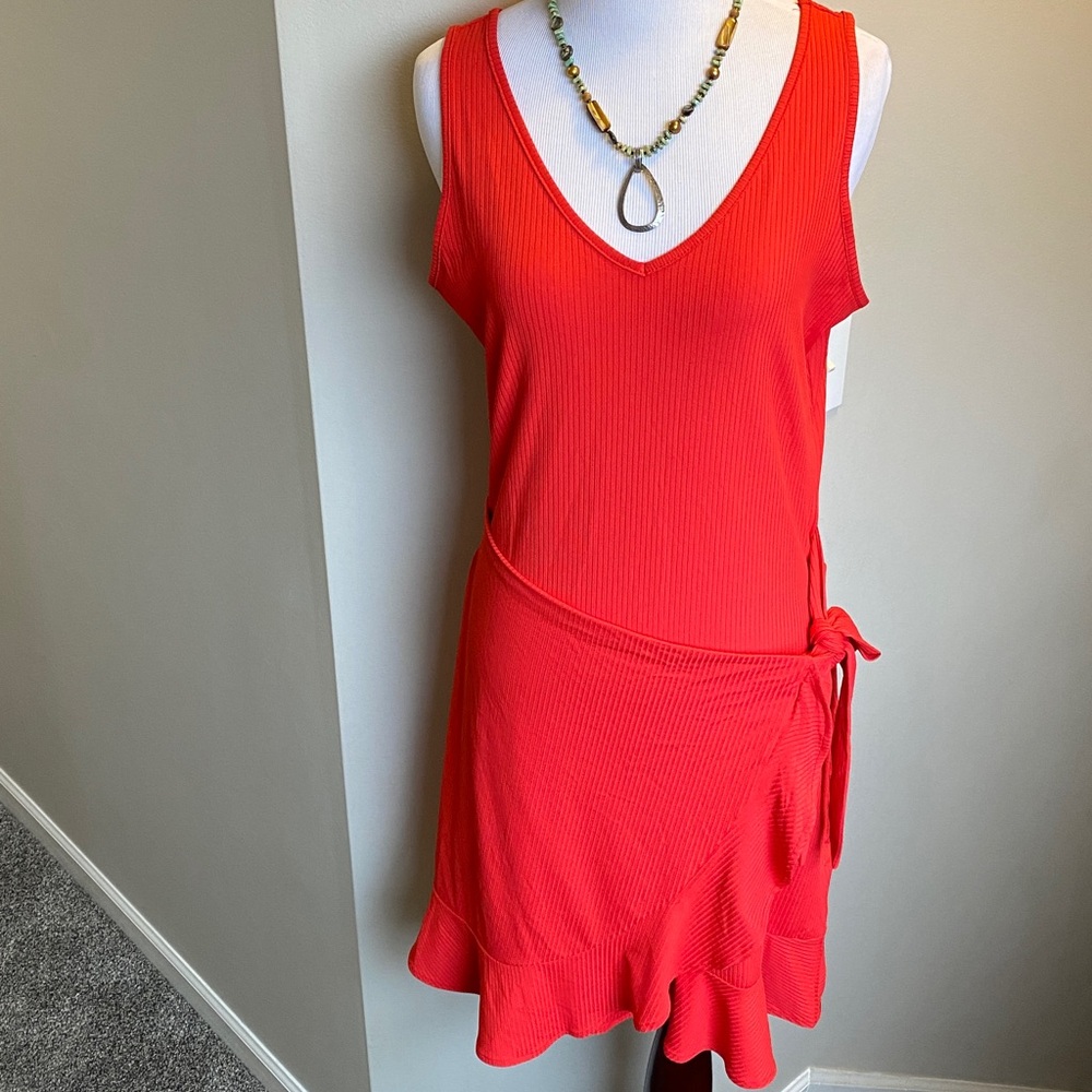 Flirty Coral Knit Body Con Dress ~ Sleeveless ~Ruffle Hem ~Wrap Around Tie Skirt